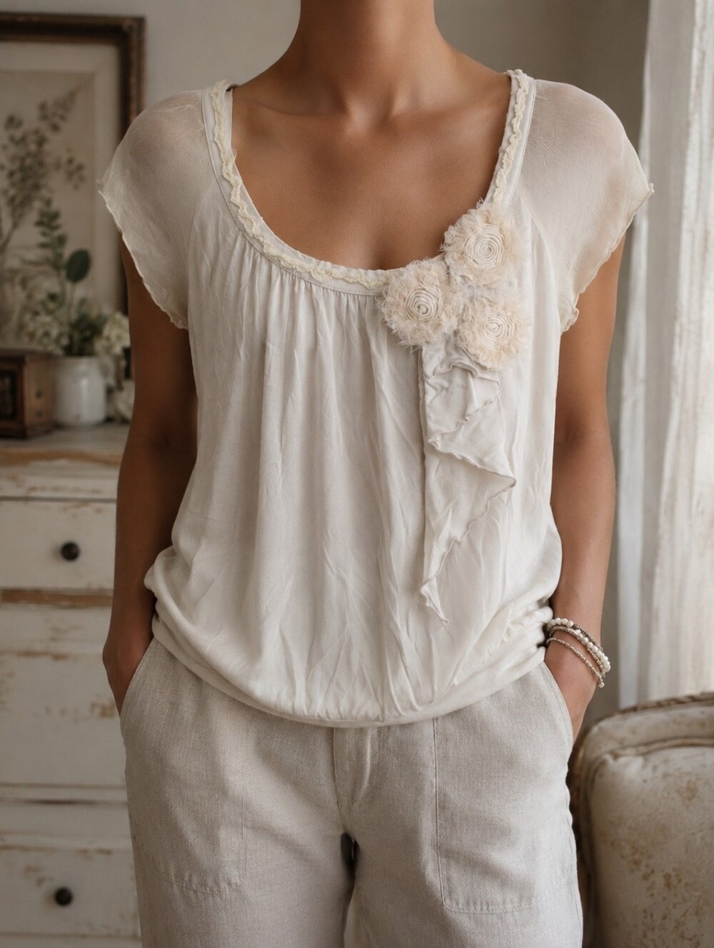 Iris by Setlakwe Ivory Floral Appliqué Blouse | Size S | Romantic Sheer Sleeve T